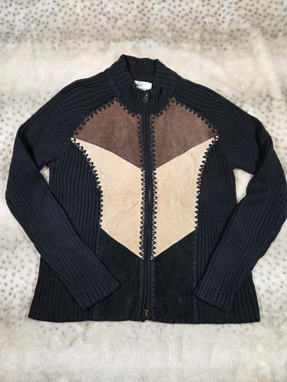 Kikit Genuine Leather Suede Southwest Zip Cardigan Western Sweater L